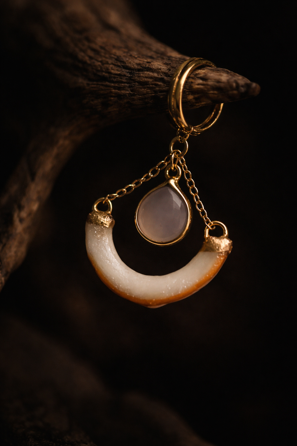 Ethically Sourced Squirrel Tooth Lunar Crescent Earrings, 14k Gold-Filled, Gemstone Drop Jewelry