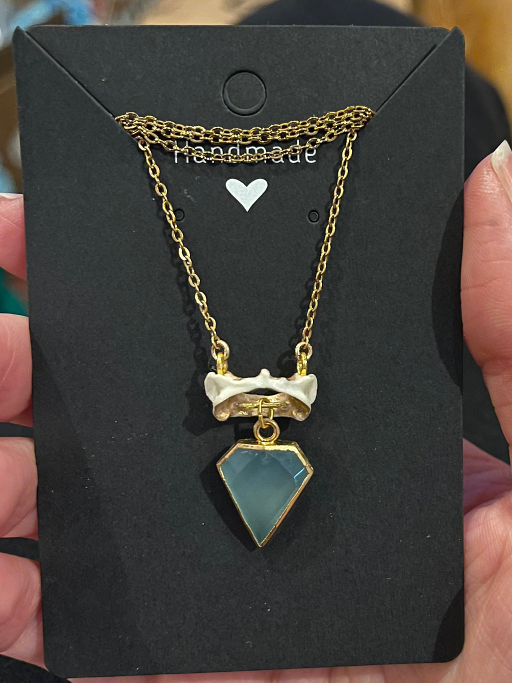 Real Squirrel Vertebrae Necklace with Aqua Chalcedony | Gold Bone Pendant | Ethical Oddities Jewelry