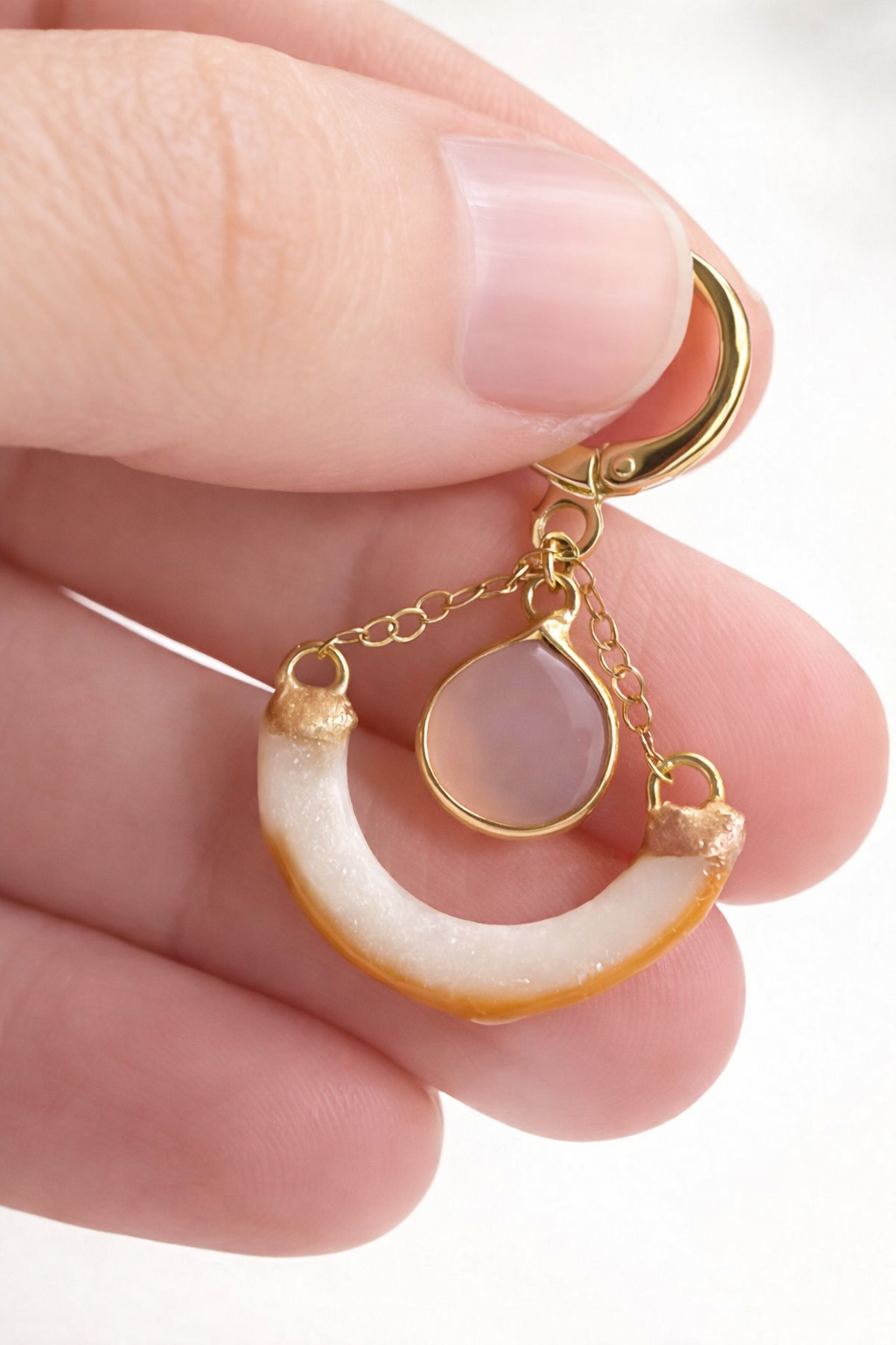 Ethically Sourced Squirrel Tooth Lunar Crescent Earrings, 14k Gold-Filled, Gemstone Drop Jewelry