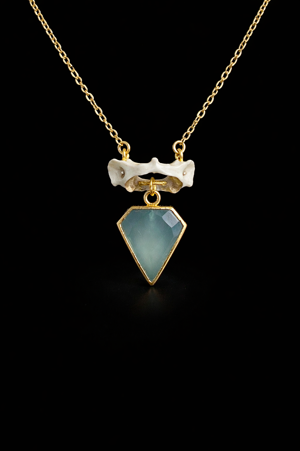 Real Squirrel Vertebrae Necklace with Aqua Chalcedony | Gold Bone Pendant | Ethical Oddities Jewelry