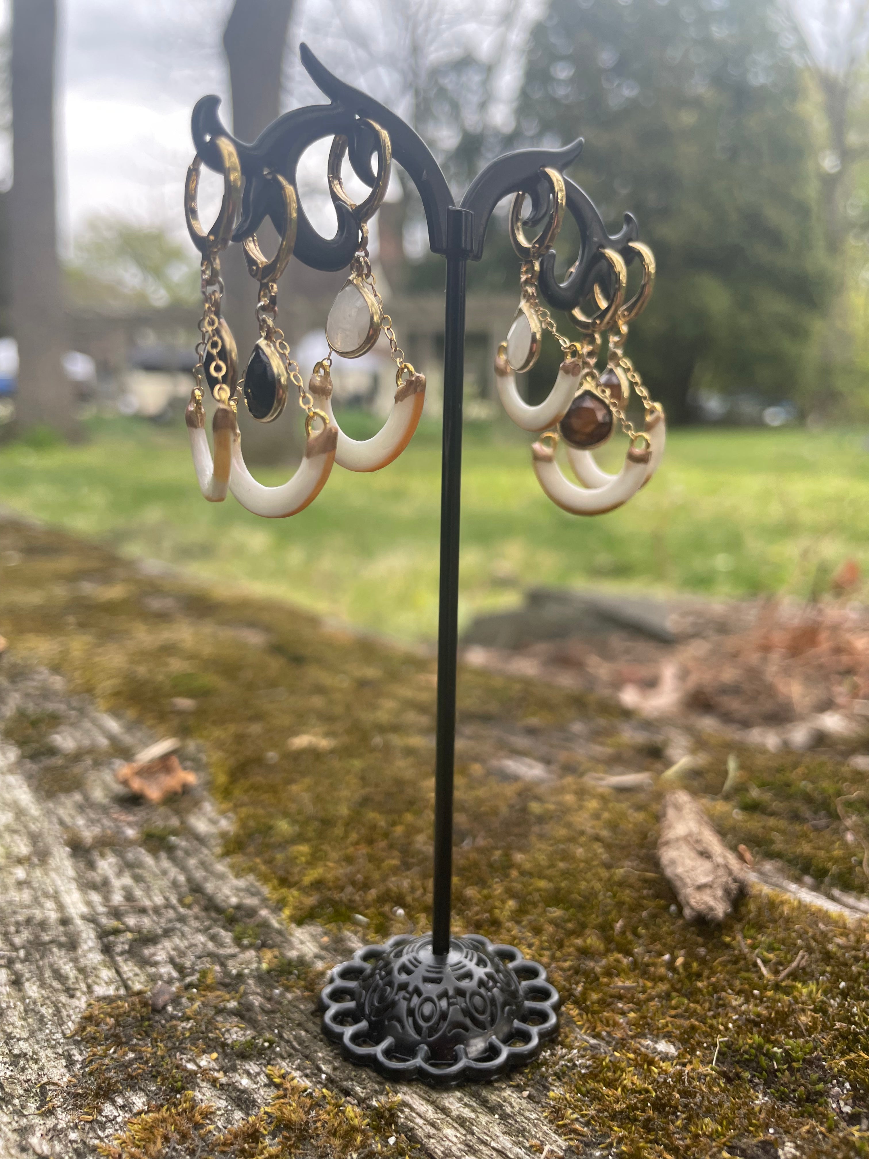 Ethically Sourced Squirrel Tooth Lunar Crescent Earrings, 14k Gold-Filled, Gemstone Drop Jewelry